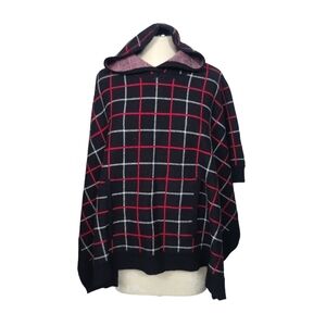 NWT Tahari Plaid Black Red Hooded Poncho Sweater One Size